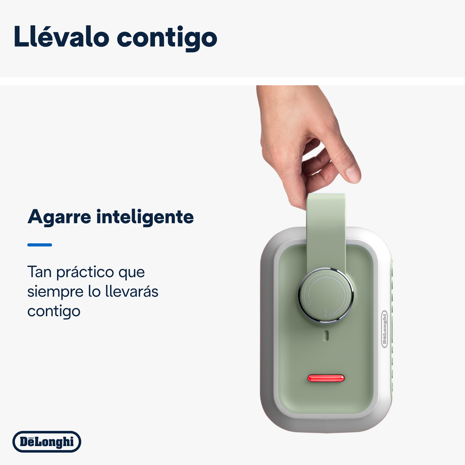 Una mano sostiene un electrodoméstico de cocina verde y blanco con luz roja.