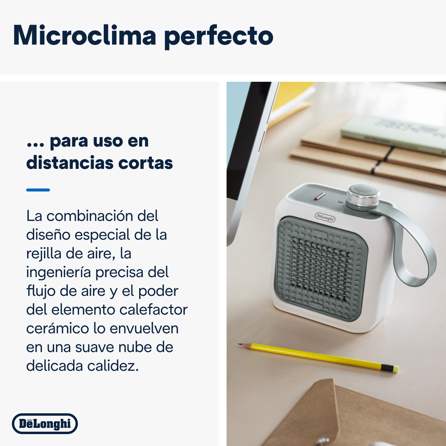 Un calefactor blanco y gris sobre una mesa de madera.