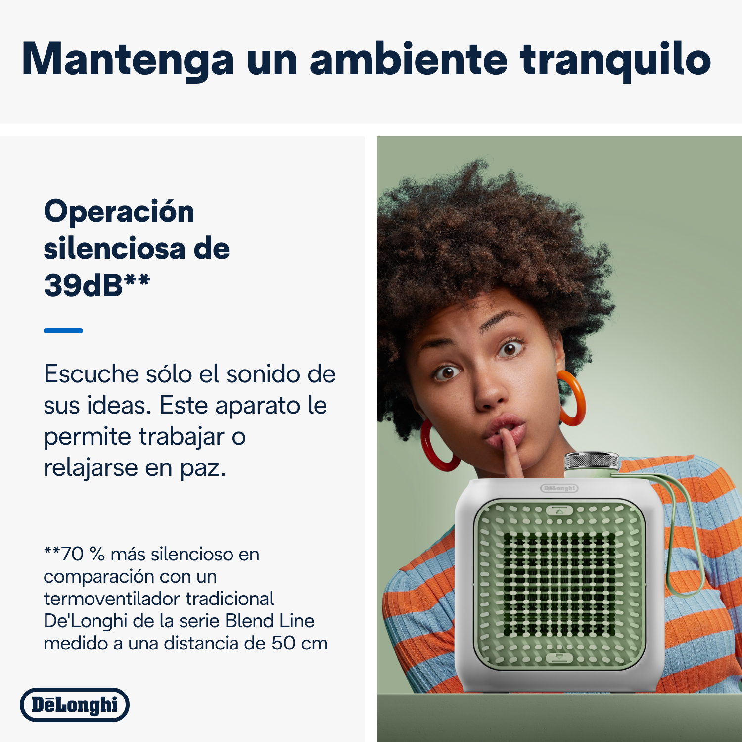 Una mujer silenciando a otros con un dedo en los labios. Un ventilador frente a ella. Texto en español.