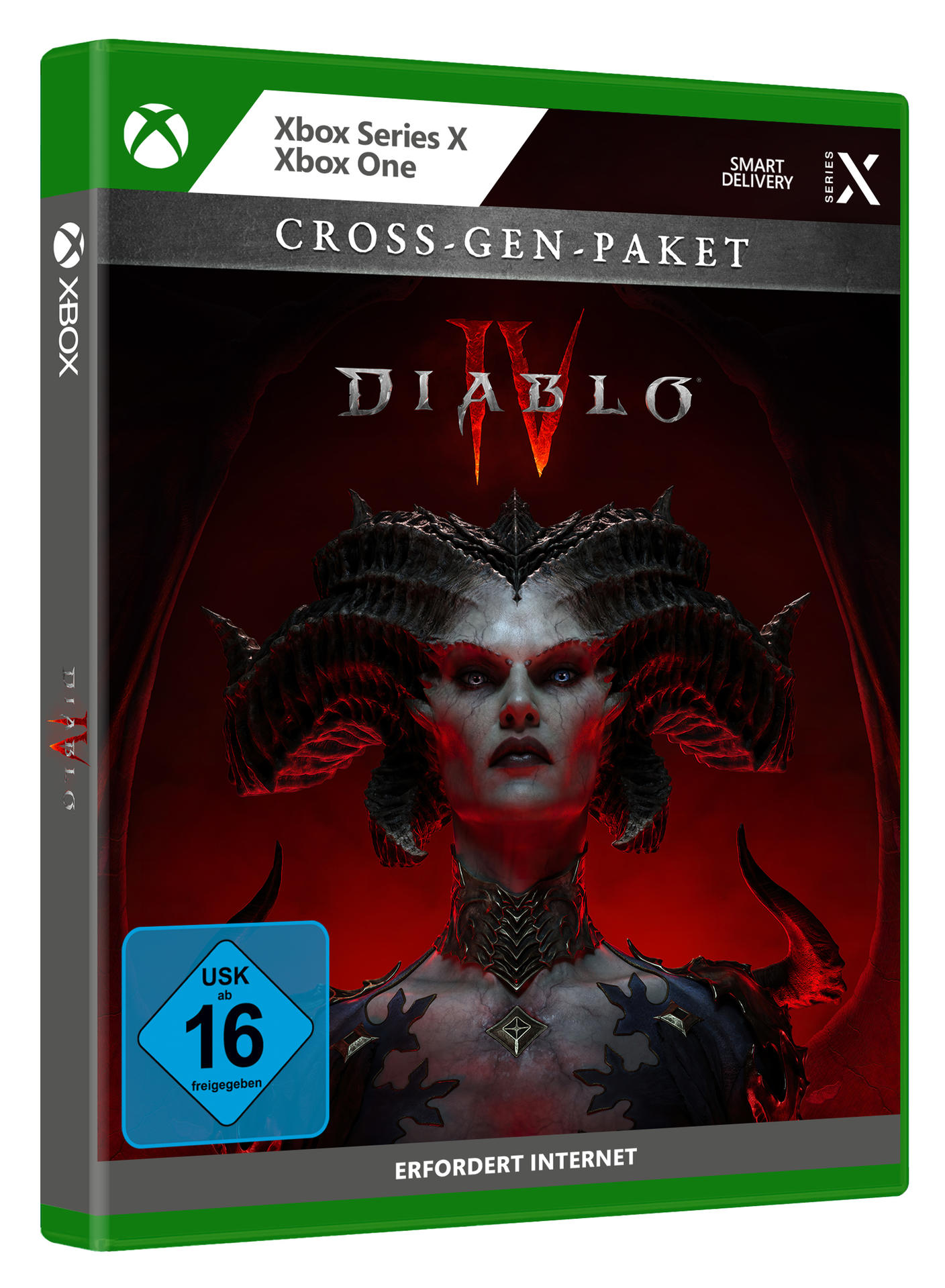 Videospielbox mit Frau auf dem Cover. Der Spieletitel lautet Diablo IV.
