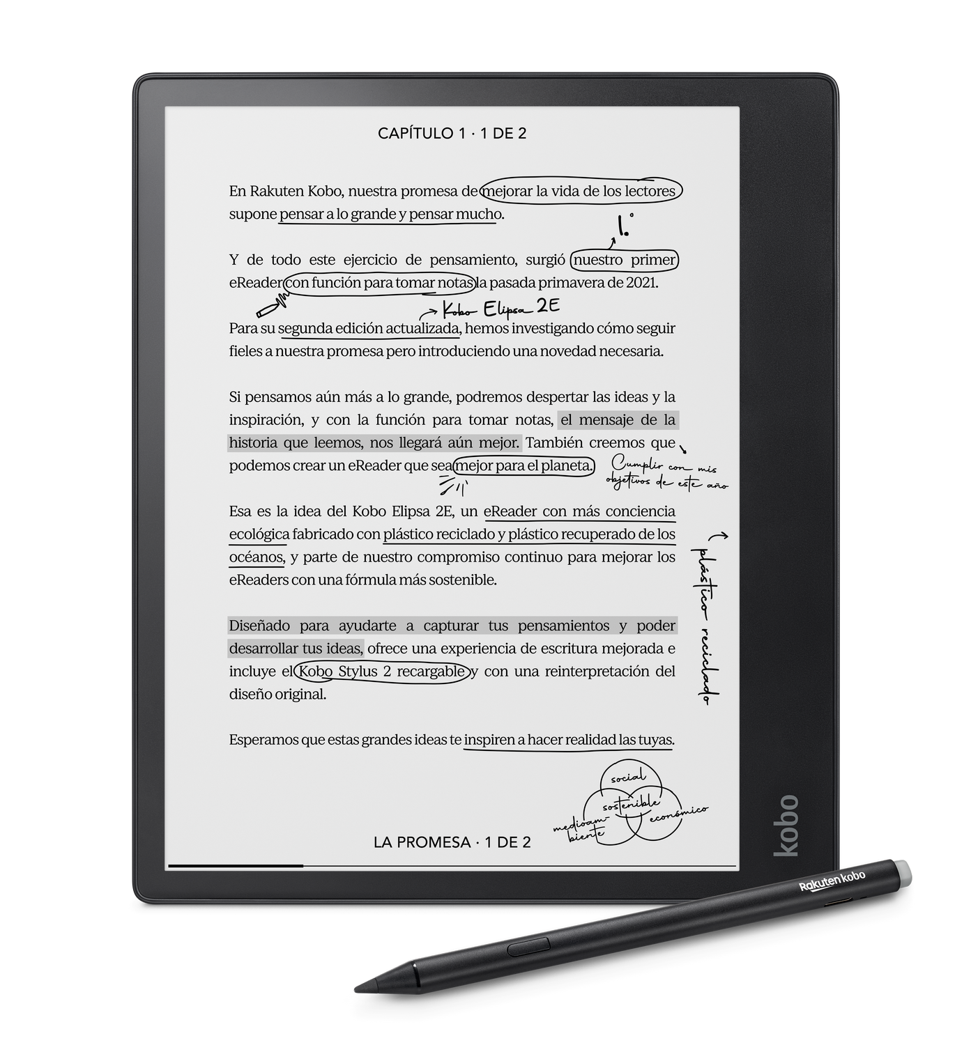 Lector electrónico con anotaciones y un lápiz óptico, sobre una superficie negra.