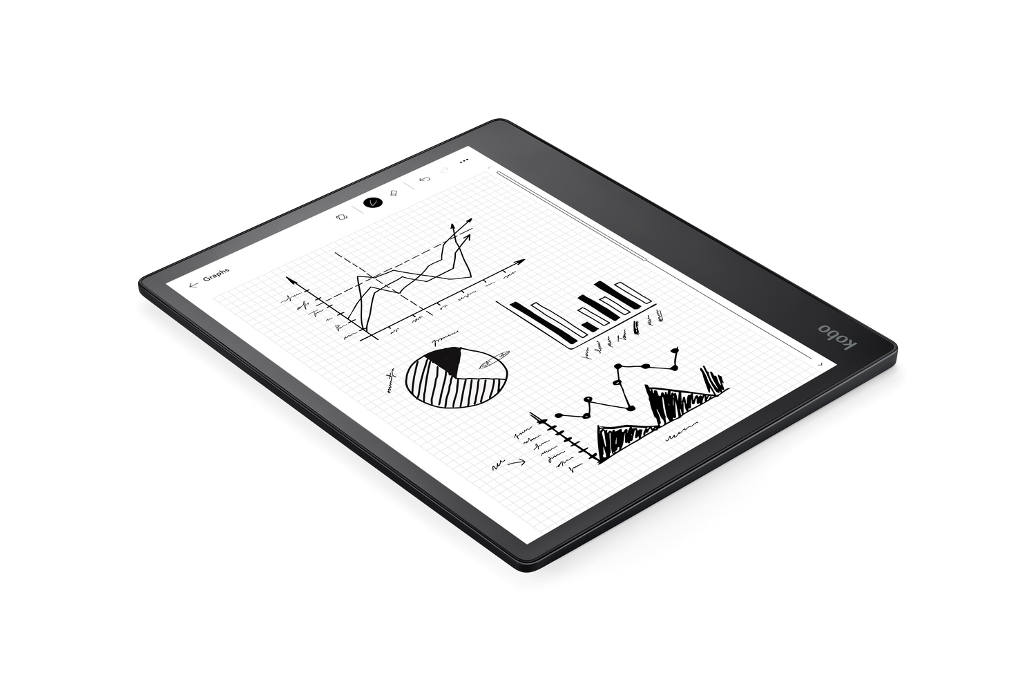 Una tableta negra con gráficos y diagramas en su pantalla, en ángulo sobre una superficie negra. Se muestra el logotipo de Kobo.