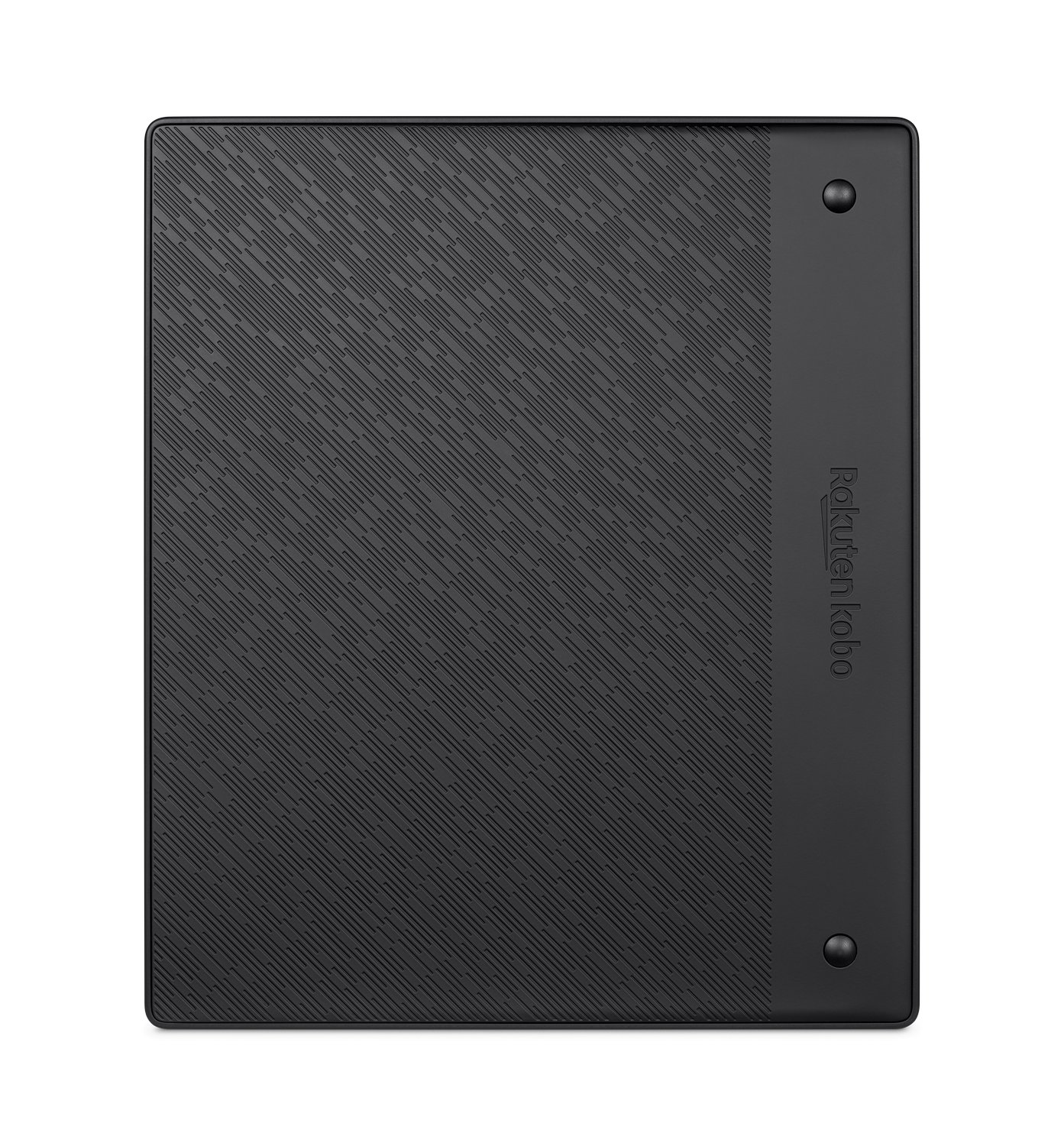 Lector de libros electrónicos Rakuten Kobo negro. Tiene una parte trasera texturizada con una franja lisa negra y dos botones.