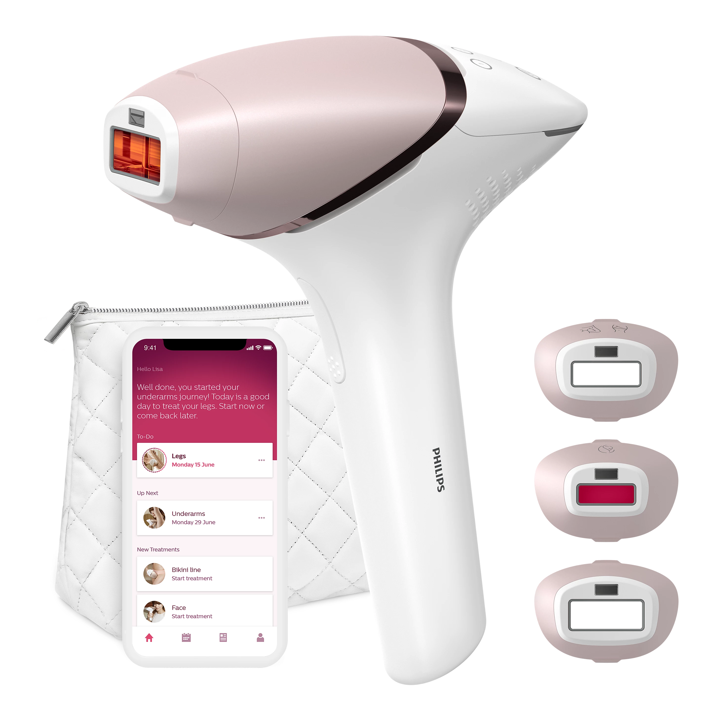 Un dispositivo di epilazione IPL Philips, una custodia e tre testine. Un telefono mostra una schermata dell'app.