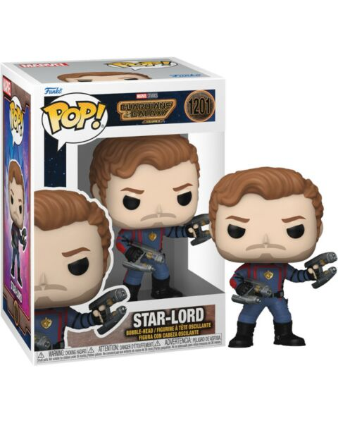 Una figura de Star-Lord Funko Pop en su caja. La figura sostiene dos blasters.
