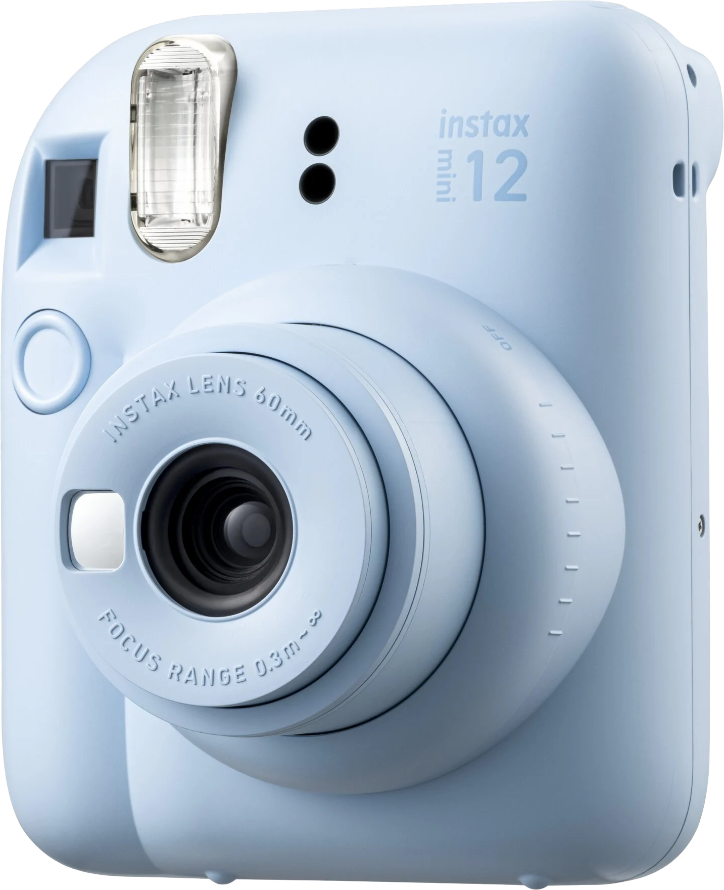 Világoskék Instax Mini 12 kamera objektívvel és vakuval.