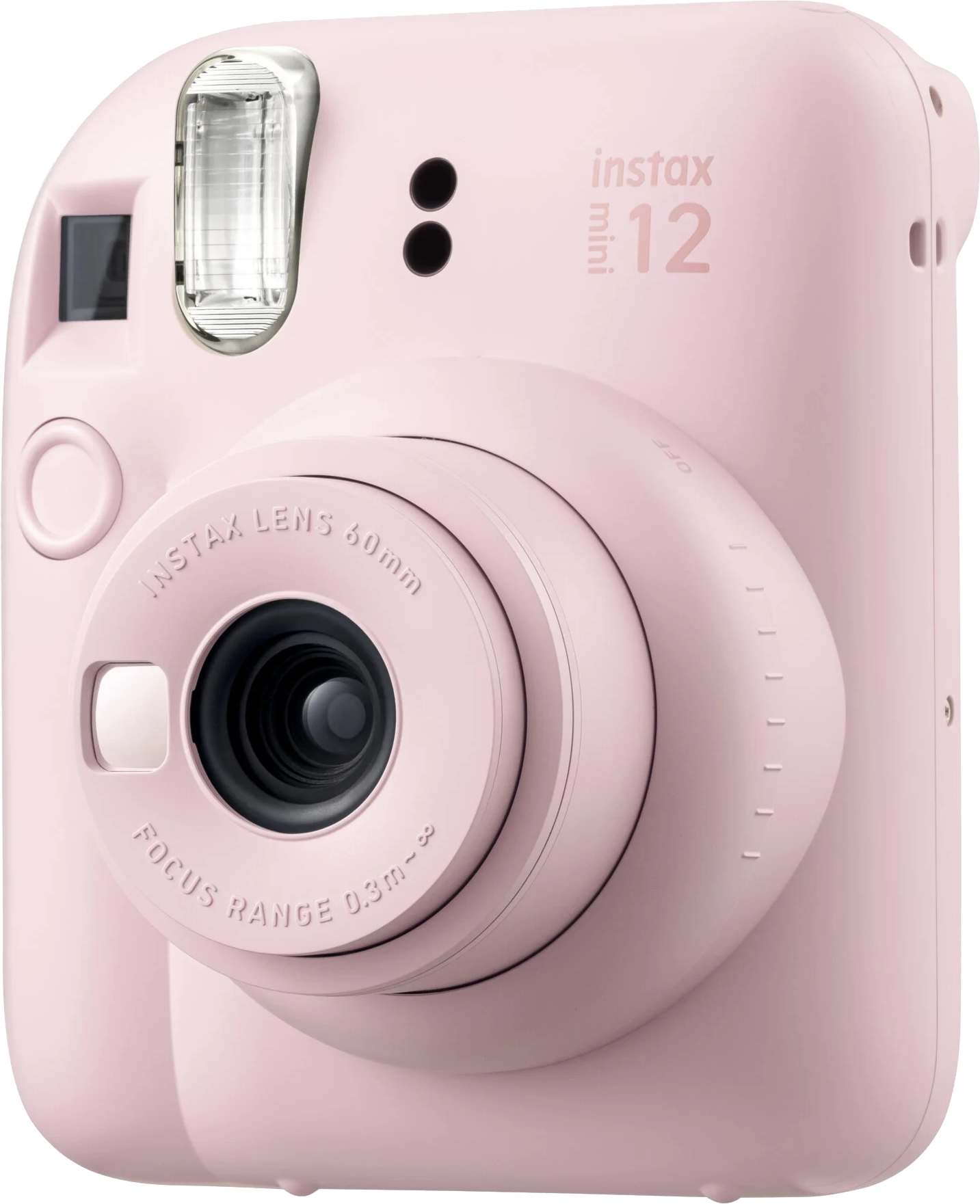 Rózsaszín Instax Mini 12 fényképezőgép objektívvel és vakuval.