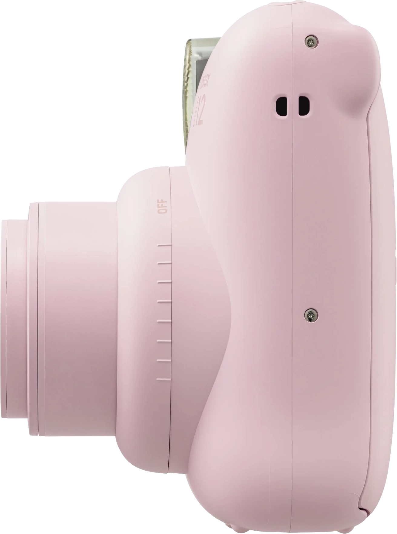 Egy rózsaszín Instax Mini 12 kamera, oldalsó nézetben, fekete háttéren.