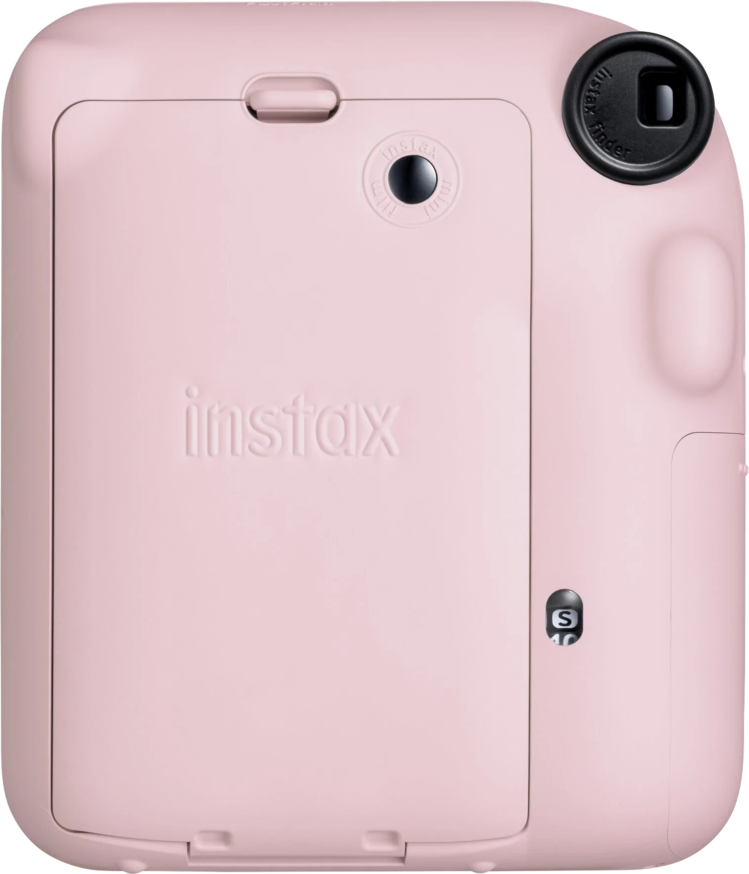 Egy rózsaszín Instax kamera hátulja. Az Instax logó a felületen van domborítva.