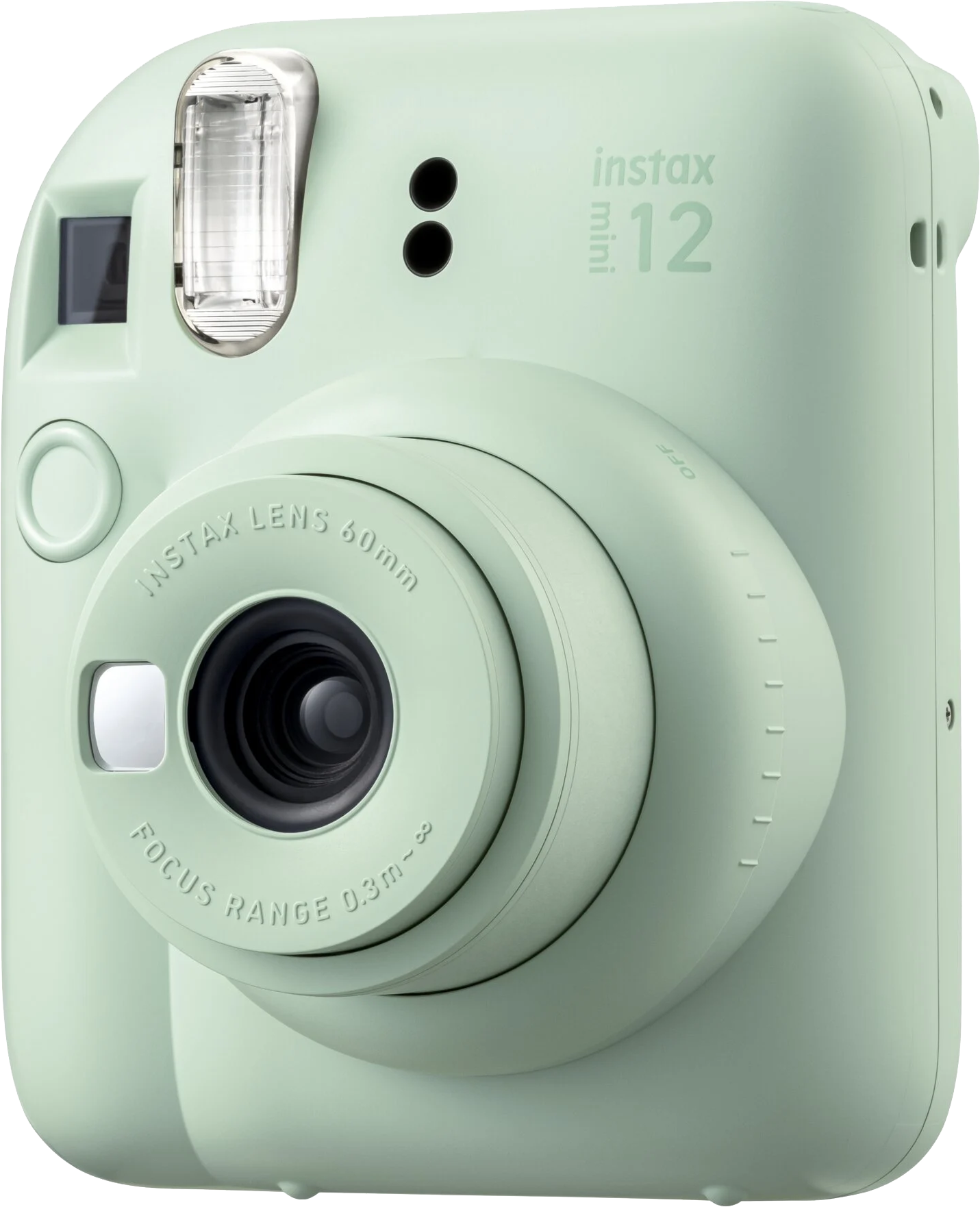 Mentazöld Instax Mini 12 kamera objektívvel és vakuval. A fókusztartomány 0,3 m-∞.