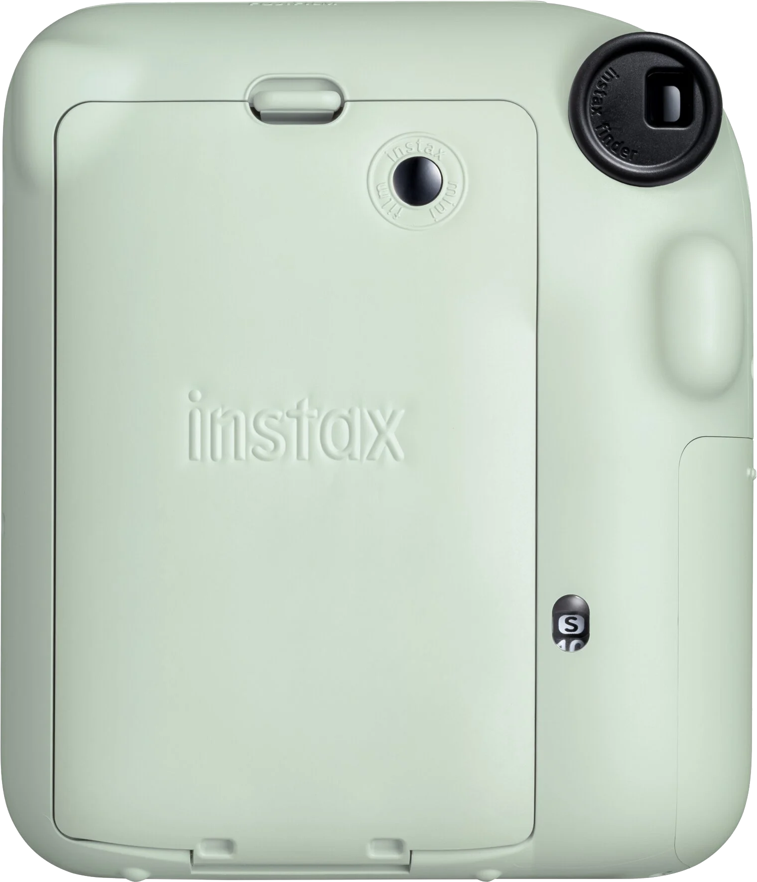 Instax kamera hátulja, mentazöld, filmajtóval és gombbal.