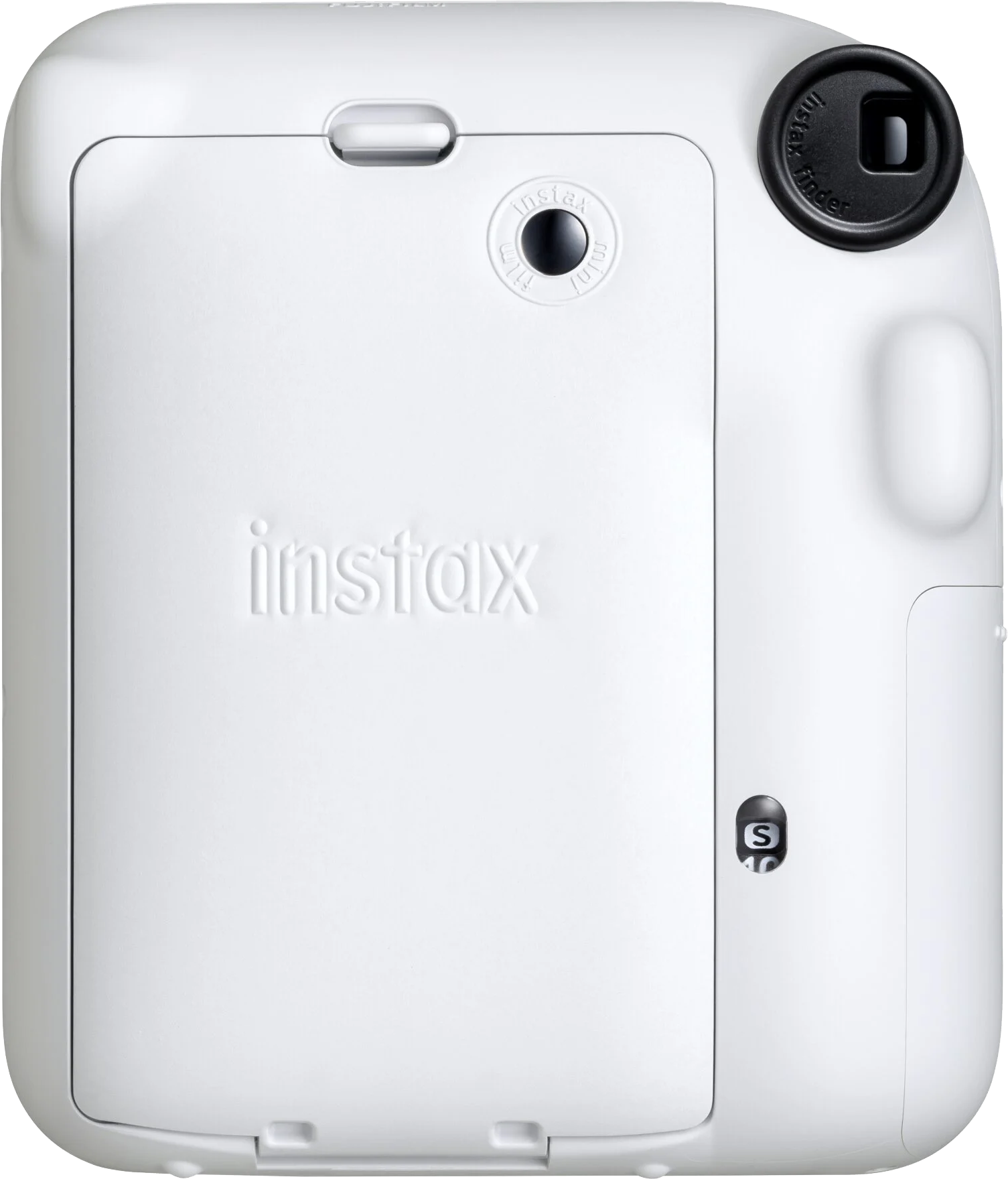 Fehér Instax kamera hátulja. Az Instax logó dombornyomott. A filmajtó nyitva van.