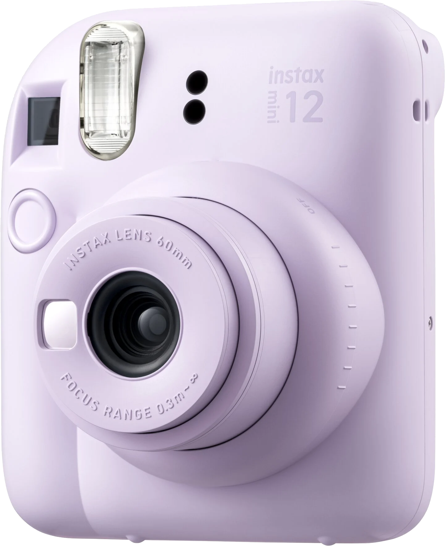 Levendula színű Instax Mini 12 azonnali kamera közeli képe, vakuval és objektívvel.