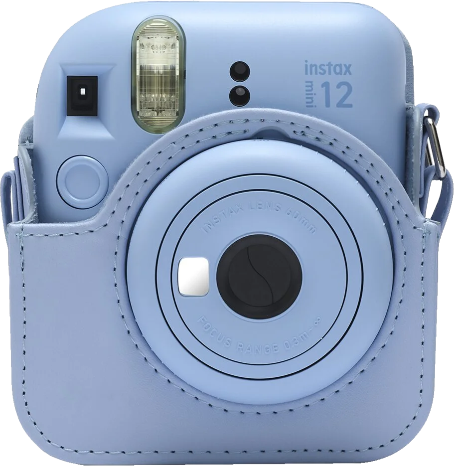 Világoskék Instax Mini 12 kamera, hozzáillő tokban.