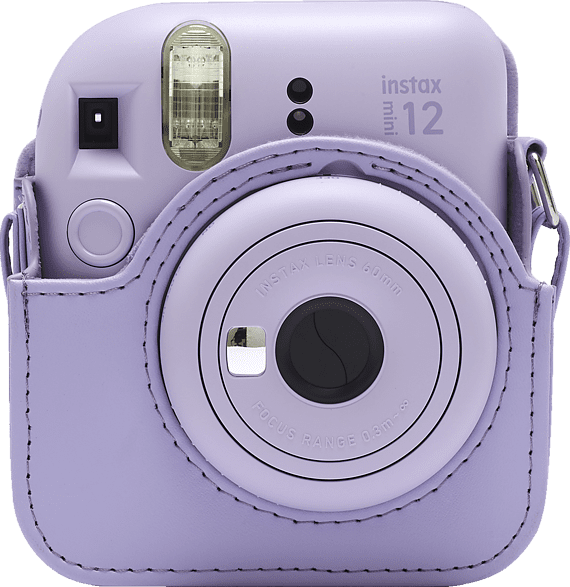 Lila Instax Mini 12 fényképezőgép tokban.