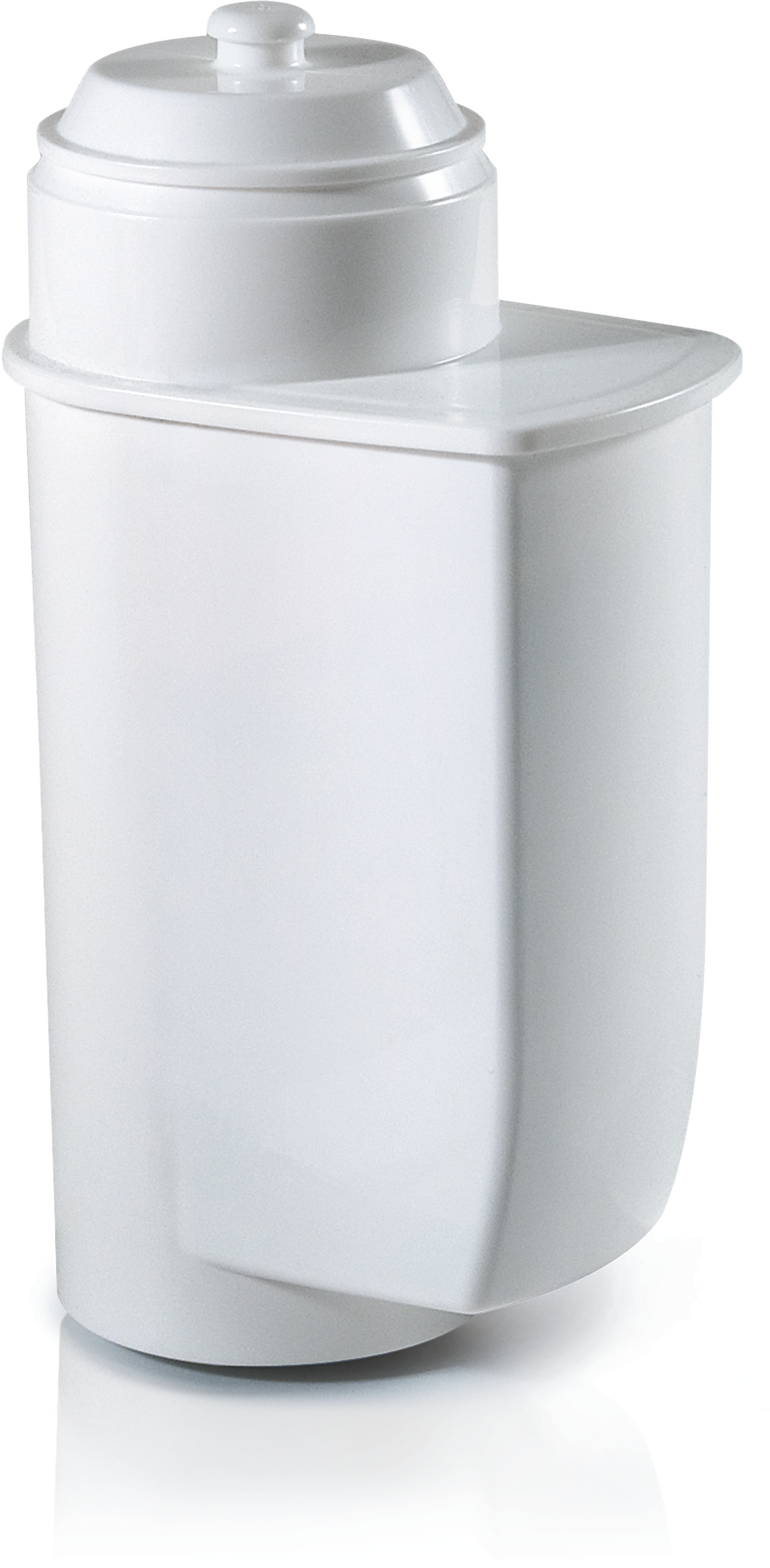 Ein weißer Wasserfilter. Er hat einen zylindrischen Hauptkörper und einen Deckel. Steht aufrecht.