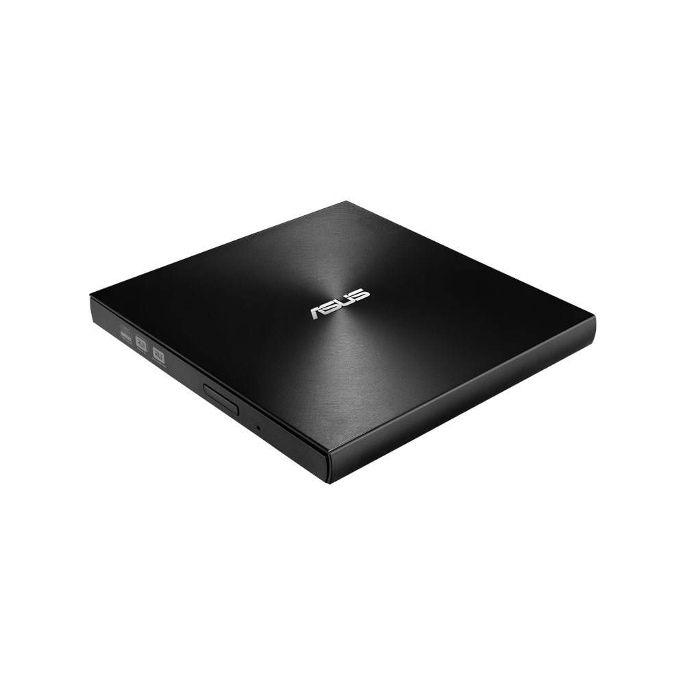 Schwarzes ASUS DVD-Laufwerk. Reflektierende Oberfläche, schräge Ansicht. ASUS-Logo sichtbar.