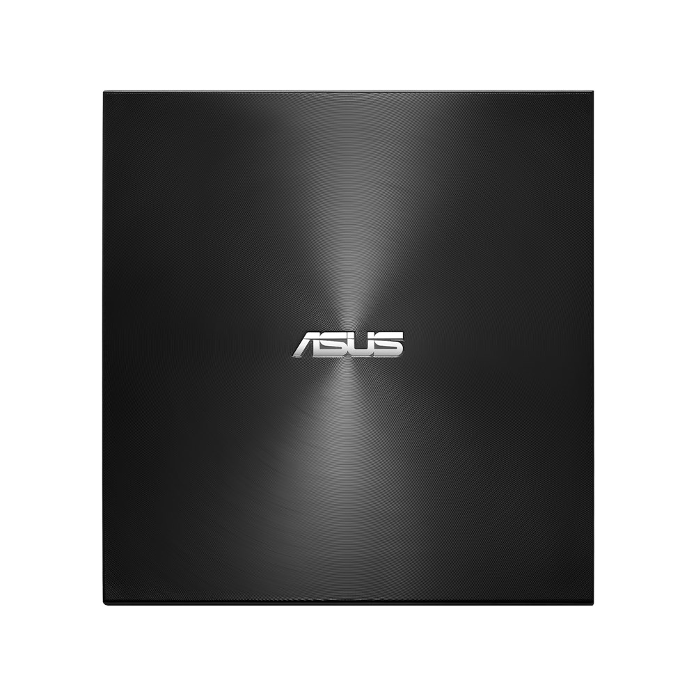 Schwarzer Laptop, Draufsicht, mit dem ASUS-Logo in der Mitte. Die Oberfläche hat ein Muster.
