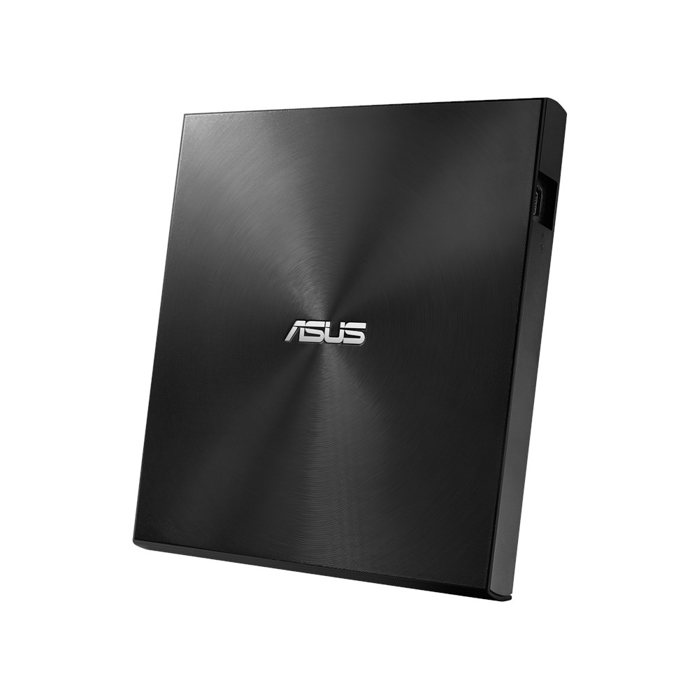 Schwarzes externes ASUS DVD-Laufwerk mit gebürsteter Metalloberfläche.