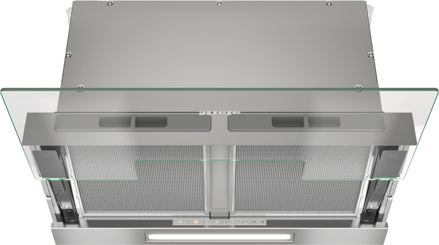 Edelstahl-Dunstabzugshaube mit Glasrand, Miele-Logo und Bedienfeld.