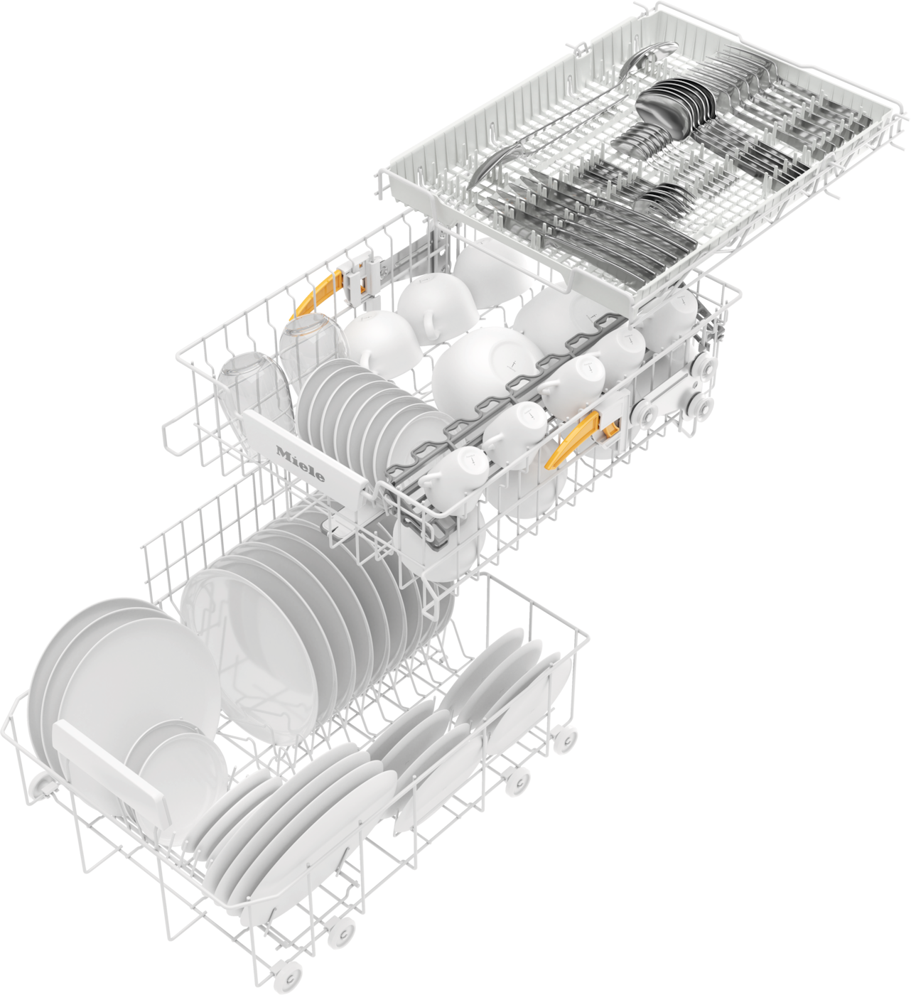 Geschirrspüler mit drei Körben, beladen mit Geschirr, Tassen und Besteck. Schwarzer Hintergrund.