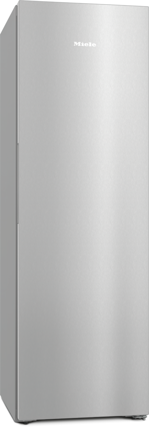 Ein silberner Kühlschrank mit dem Miele-Logo oben.