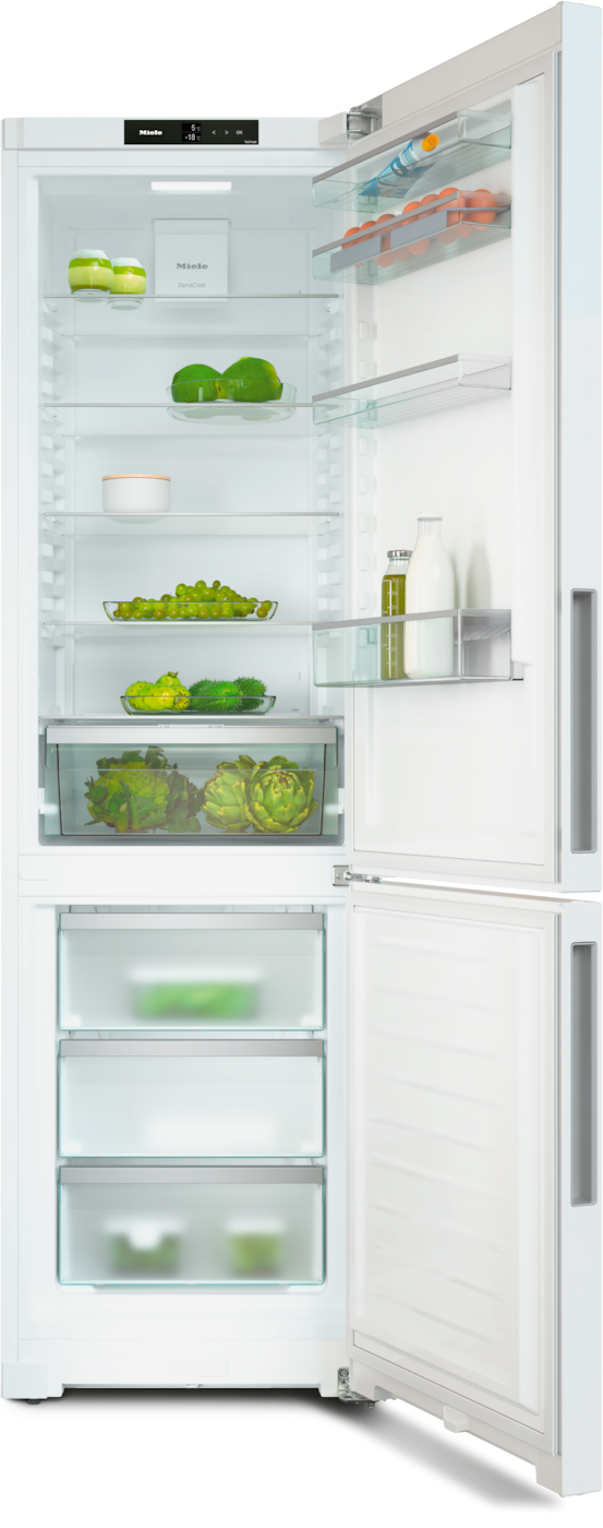 Ein offener weißer Kühlschrank mit verschiedenen Lebensmitteln und Schubladen.