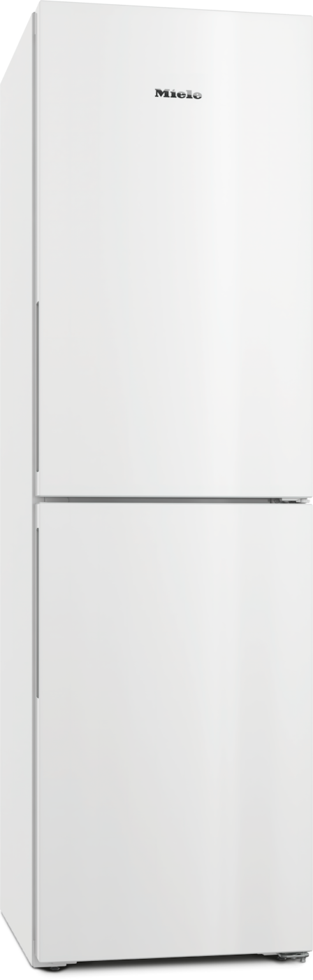 Ein weißer Miele Kühlschrank mit zwei Türen, einer oben und einer unten.