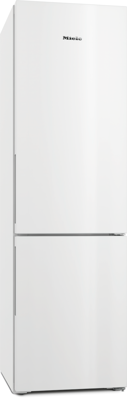 Ein weißer Miele Kühlschrank mit silbernen Griffen und einem horizontalen Mittelstrich.