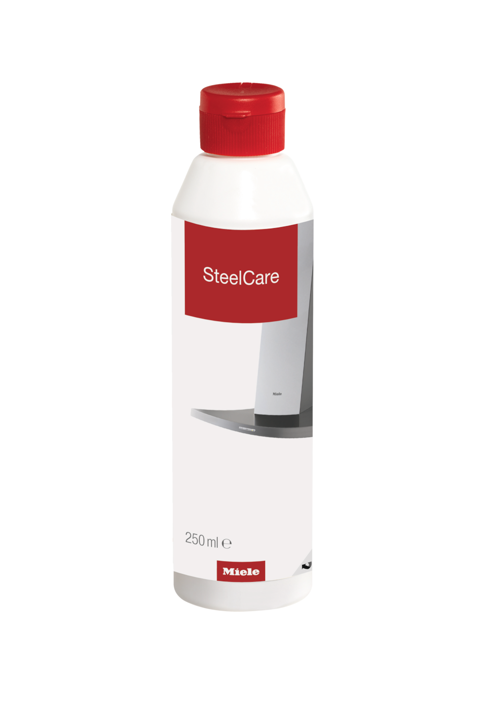 Weiße Miele SteelCare Flasche mit rotem Deckel, rotes Etikett. Produkt für Edelstahlreinigung.