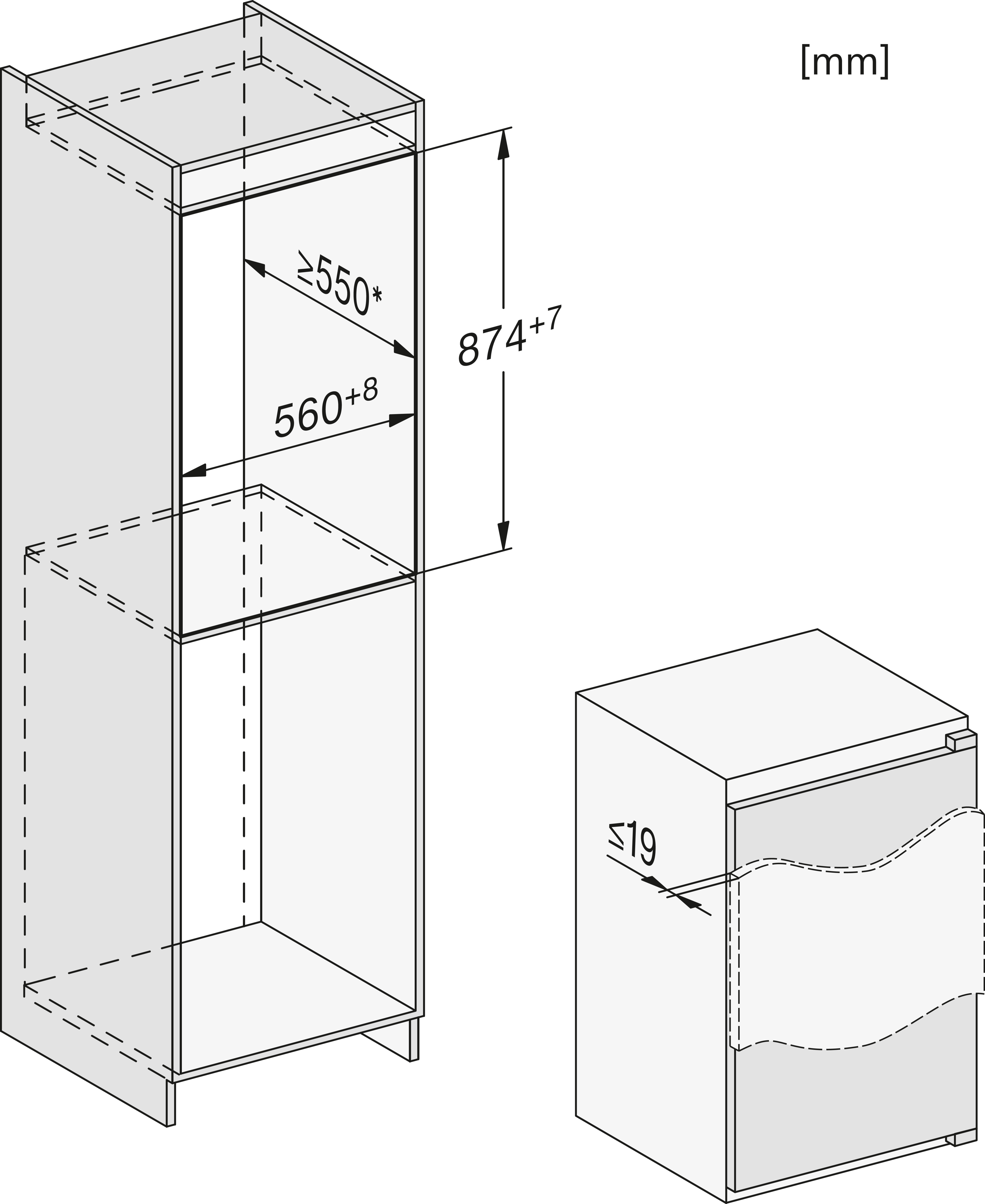 Diagramm eines Schranks mit Maßen. Enthält Maße wie 874+7, 560+8 und ≥550.