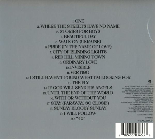 CD-borító a U2 albumának számlistájával, fehér háttér, fekete szöveg.