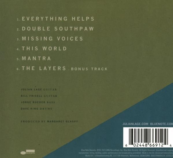 Rückseite des Julian Lage Albums, mit Trackliste und Credits, mit Julian Lage an der Gitarre und blauem Design.