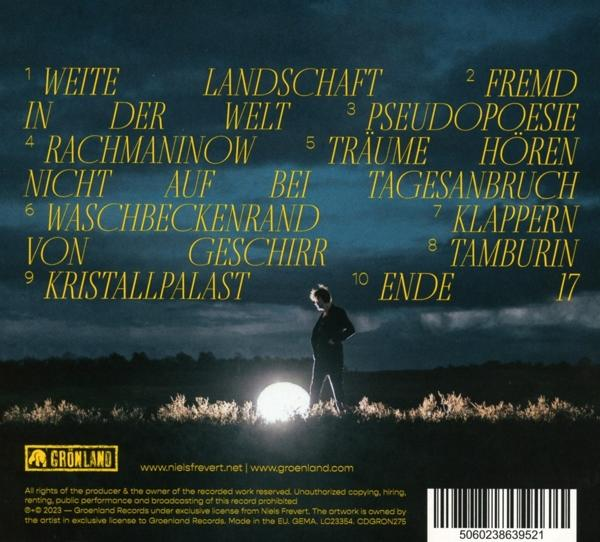 CD-Cover mit Songtiteln und einem Mann im Anzug, in einer Nachtlandschaft mit leuchtendem Orb.