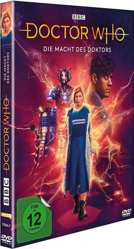 DVD-Cover für Doctor Who, mit Charakteren und dramatischem Hintergrund.