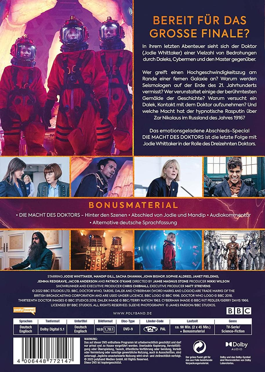 Rückseite einer DVD-Hülle mit Doctor Who-Charakteren in roten Raumanzügen.