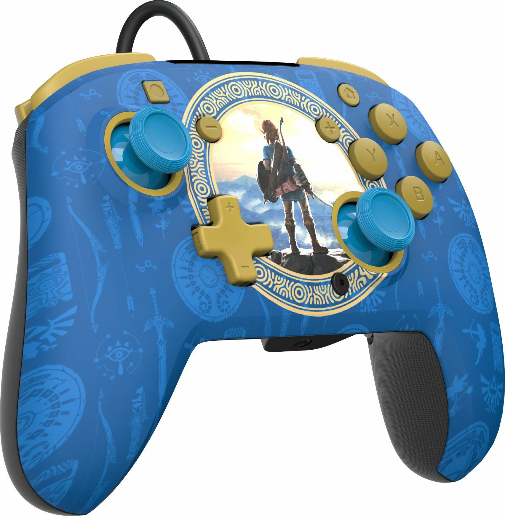 Controller Nintendo Switch blu e oro, tema The Legend of Zelda. Immagine di Link sul controller.