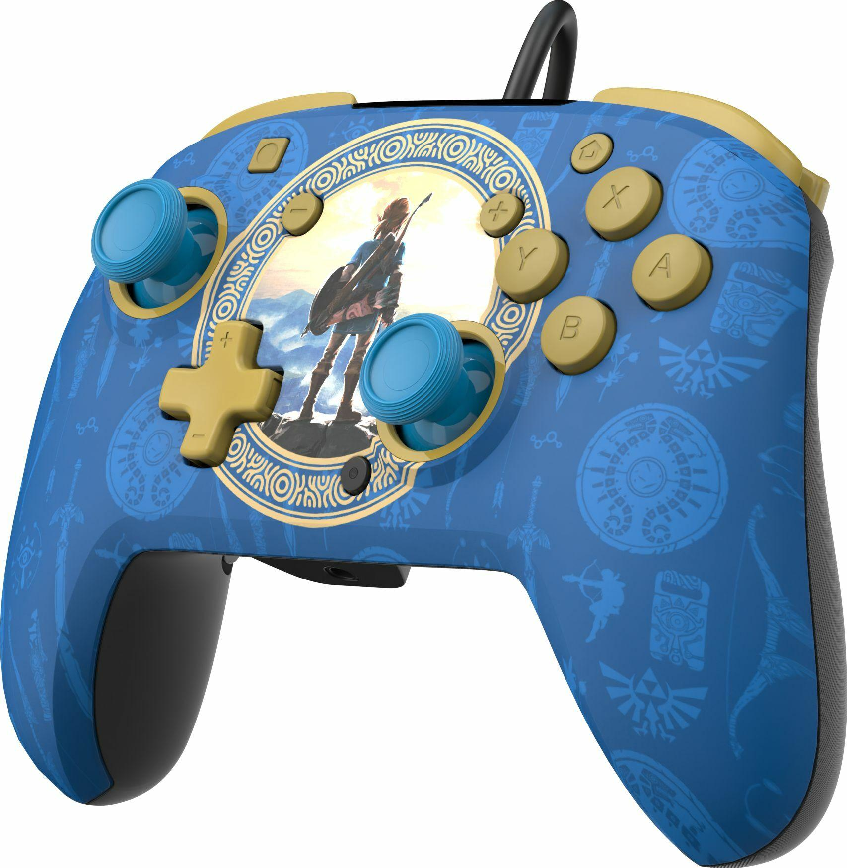 Un controller di gioco blu e oro con l'immagine di una figura che tiene una spada.