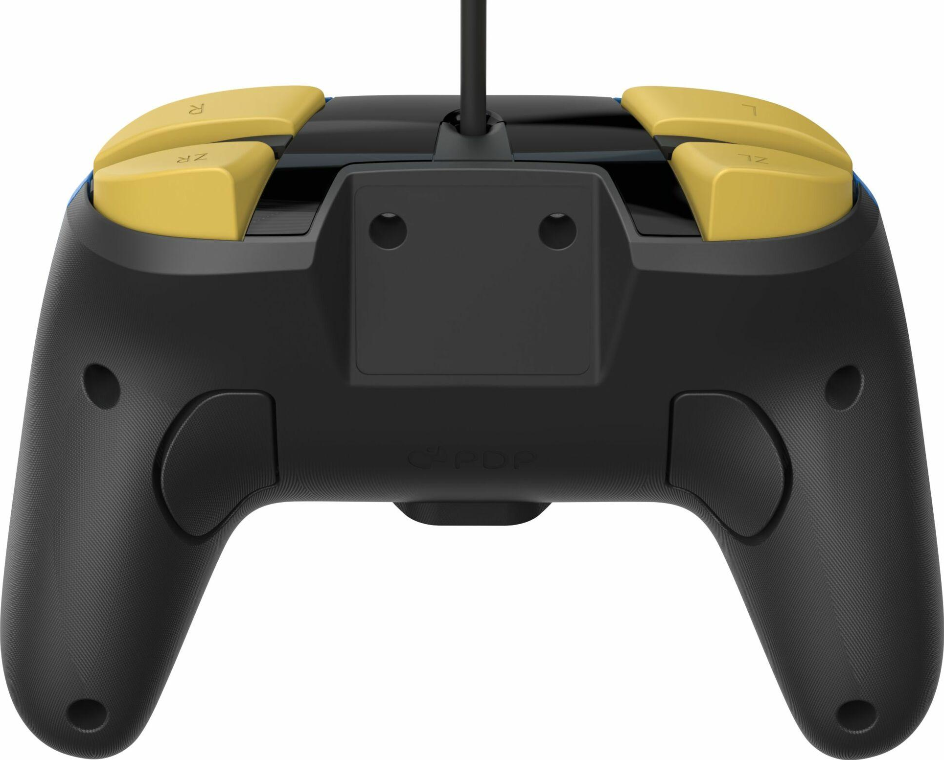 Retro di un controller di gioco nero con pulsanti gialli e un cavo.