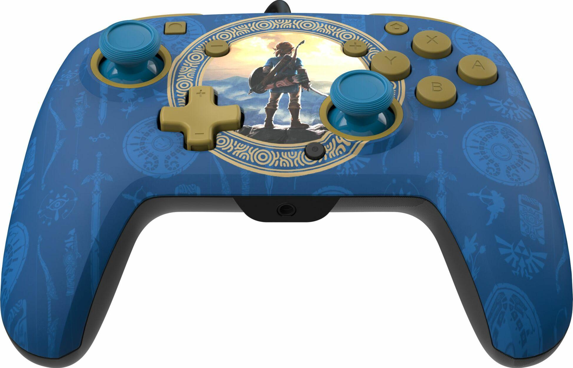 Un controller Nintendo Switch blu e oro con un design di The Legend of Zelda: Breath of the Wild.