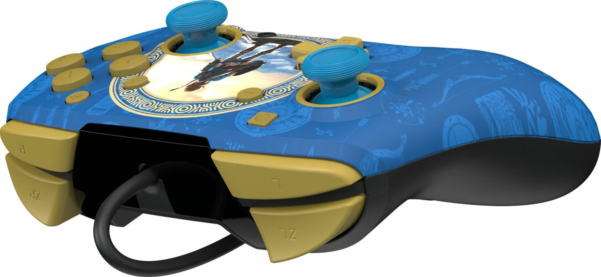 Controller per videogiochi blu e oro, vista laterale.