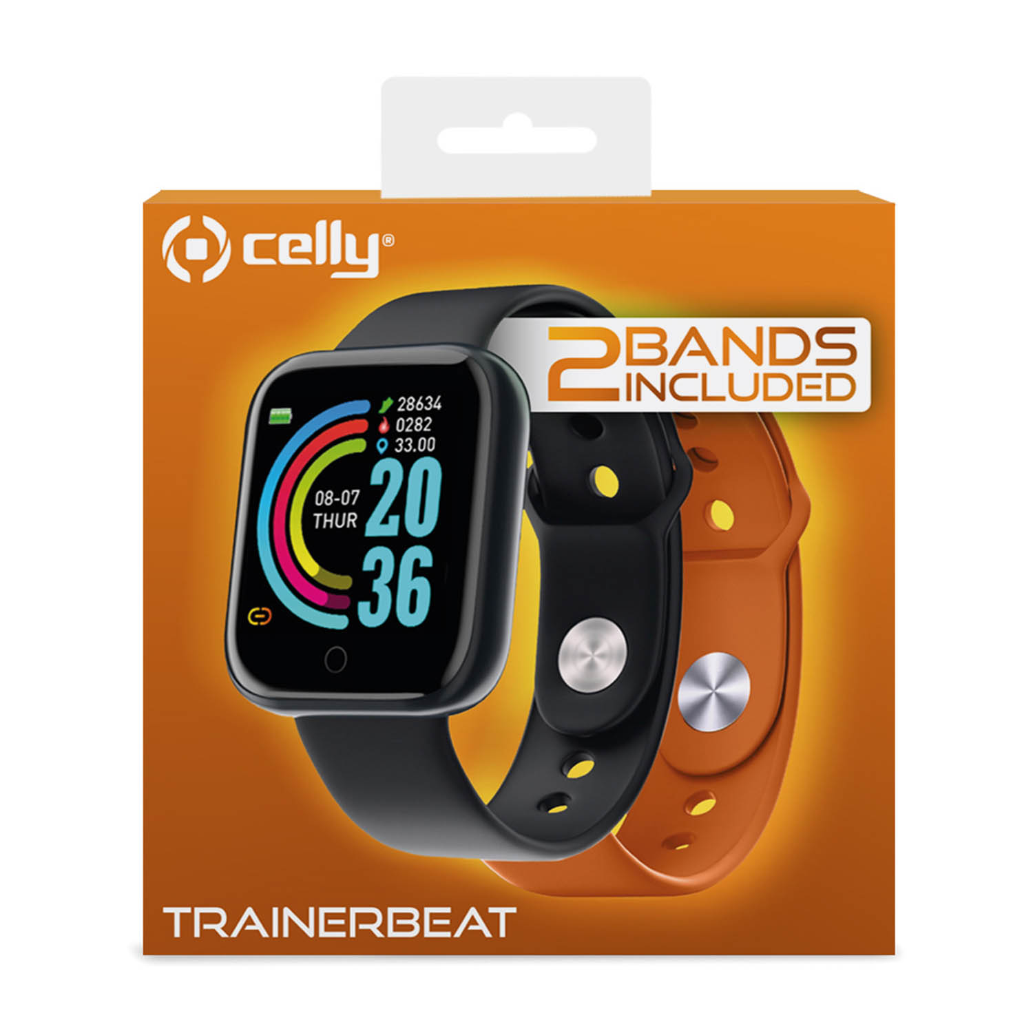 Una scatola di smartwatch che mostra un orologio nero con un secondo cinturino arancione incluso.