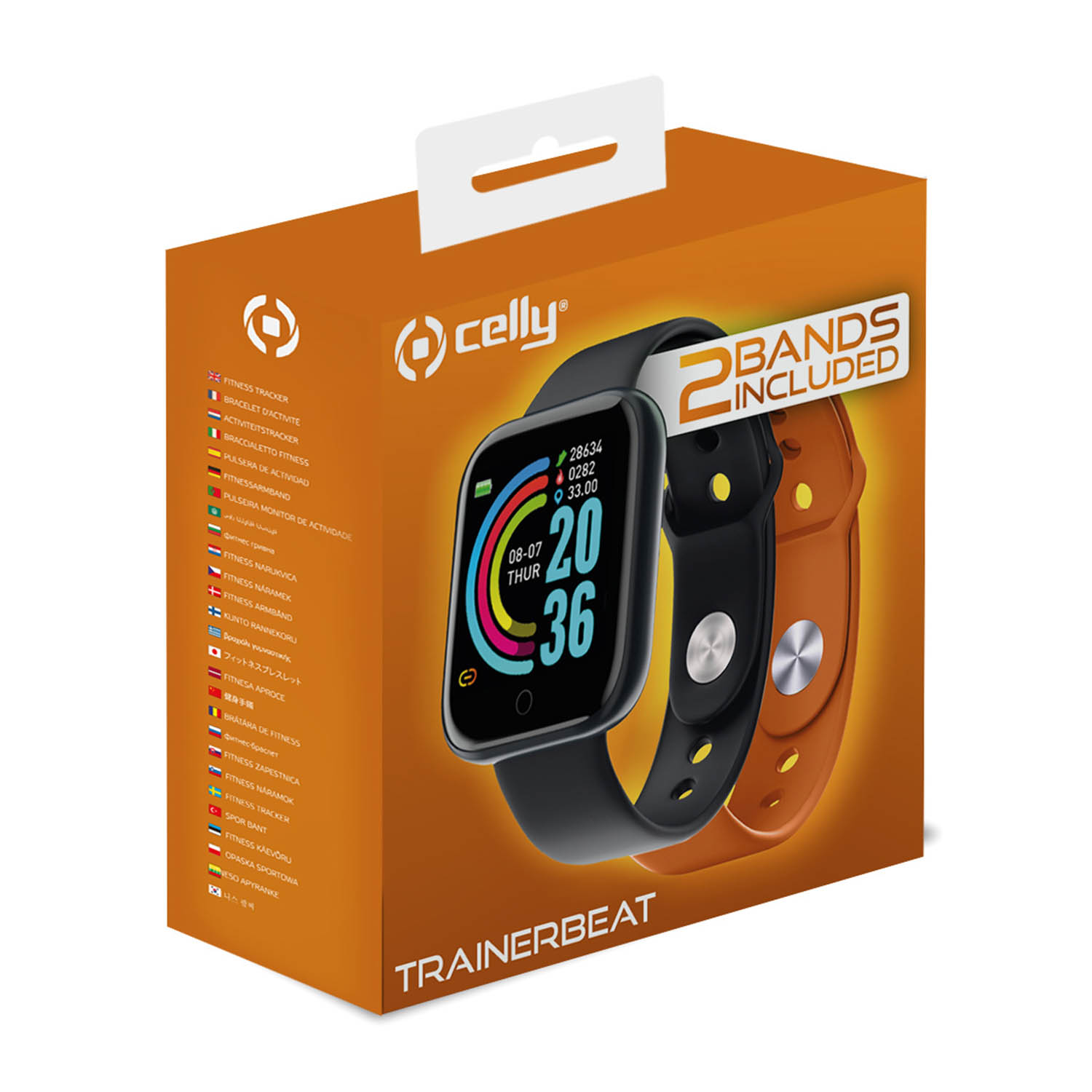 Una scatola di smartwatch con un orologio e un cinturino extra. La scatola è arancione e bianca.