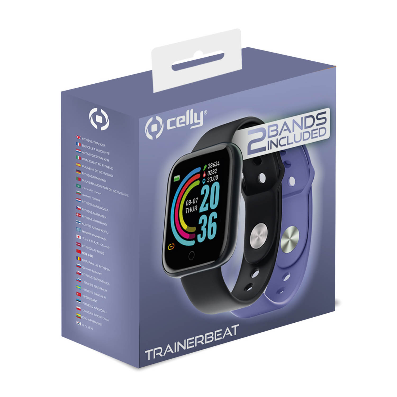 Una scatola di smartwatch nera con orologio e cinturino blu extra. Testo multilingue.