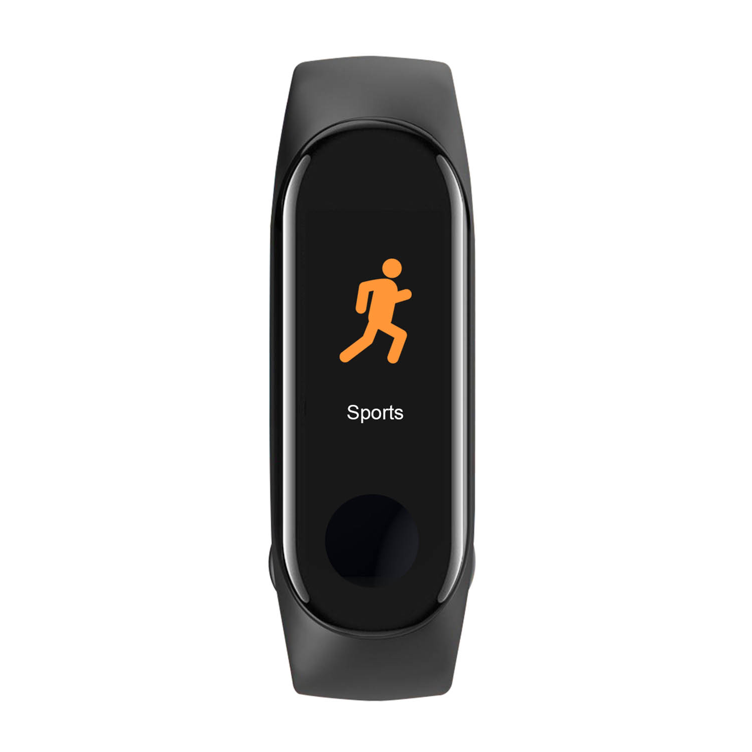 Un fitness tracker nero mostra un'icona di persona che corre con la parola 'Sports'.