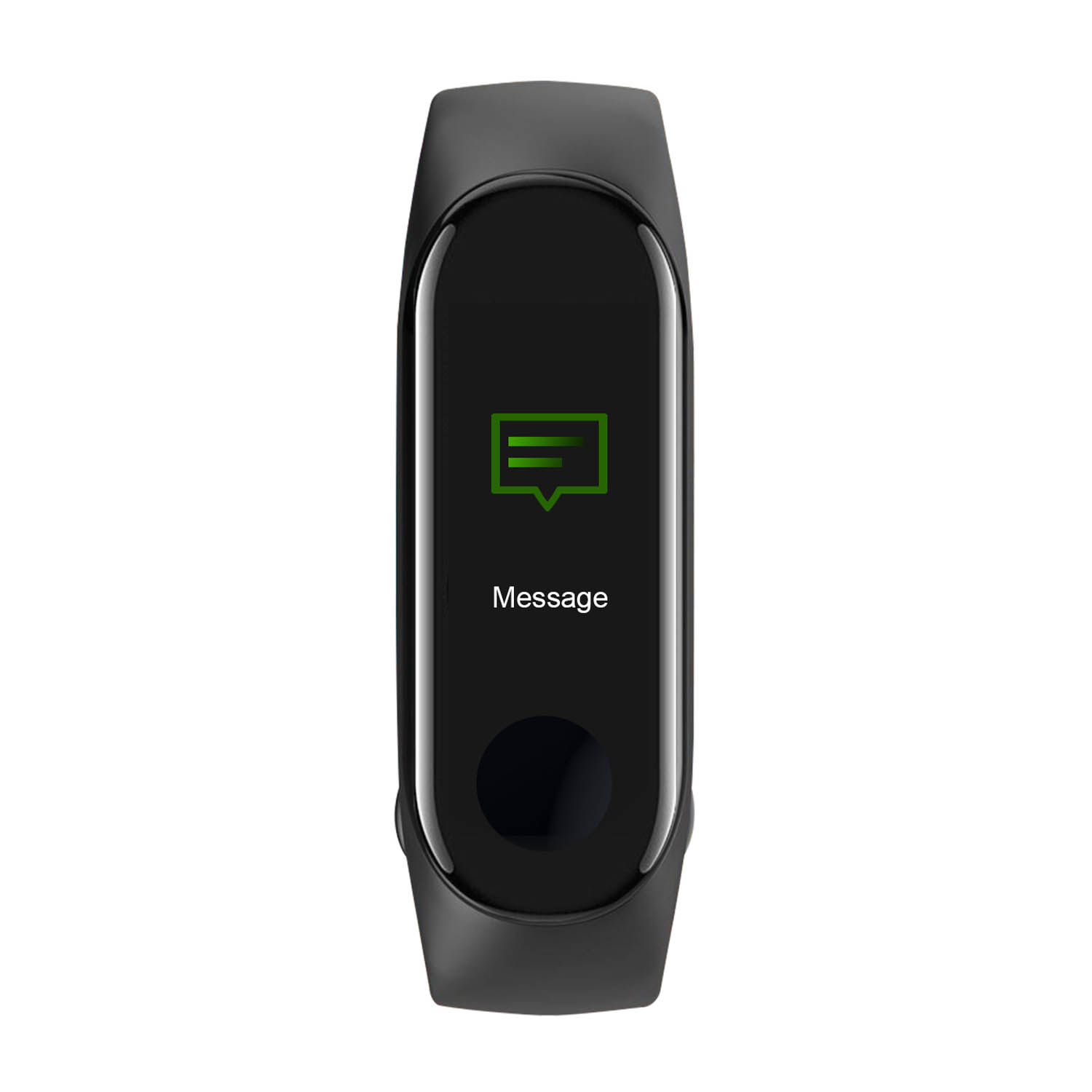 Un fitness tracker nero con uno schermo che mostra un'icona di messaggio verde e la parola 'message'.