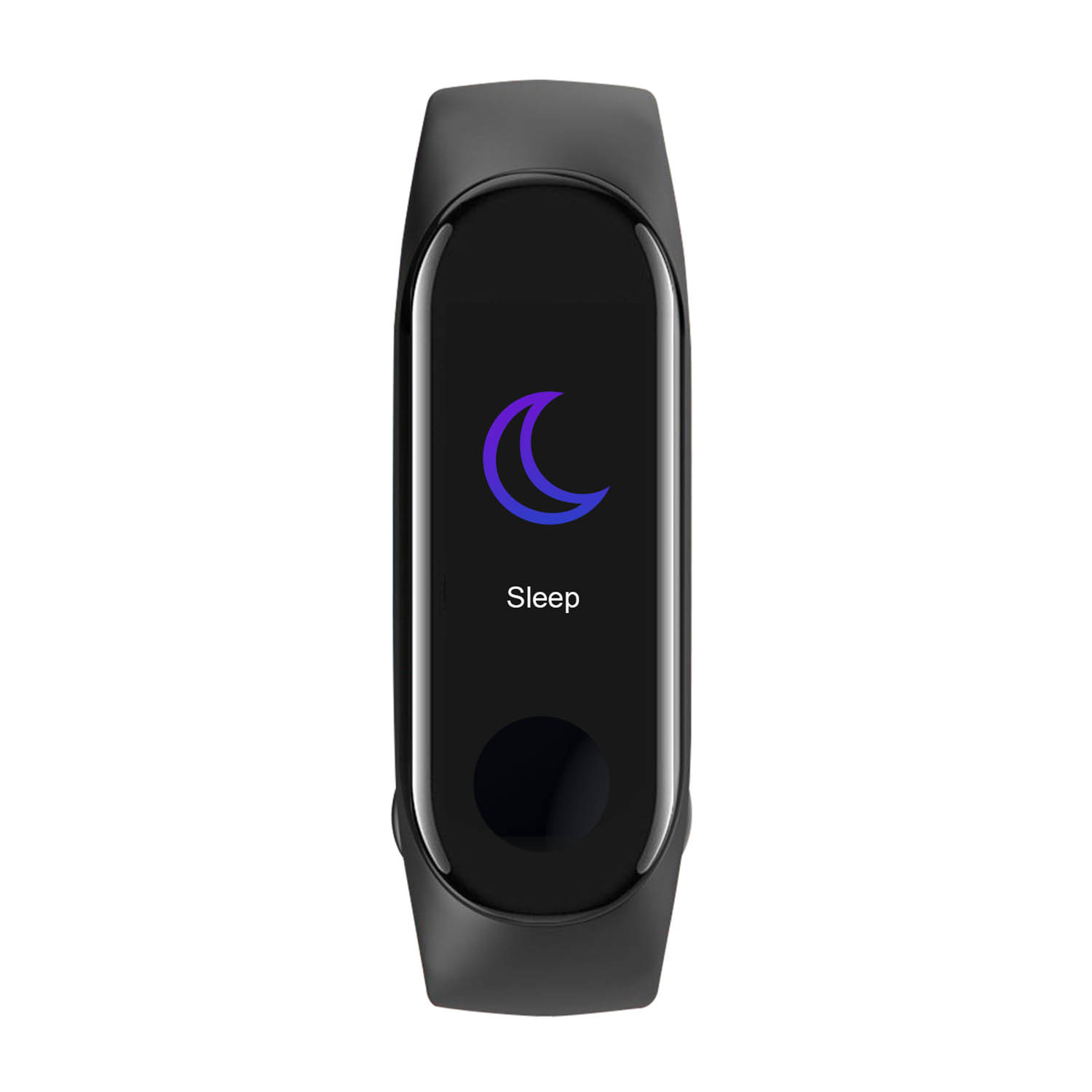 Un fitness tracker nero con uno schermo che mostra una luna crescente e la parola 'Sleep'.