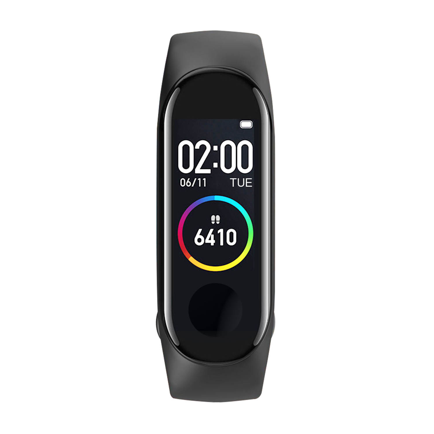 Orologio fitness tracker nero. Lo schermo mostra ora, data e progressi dell'attività con grafica colorata.