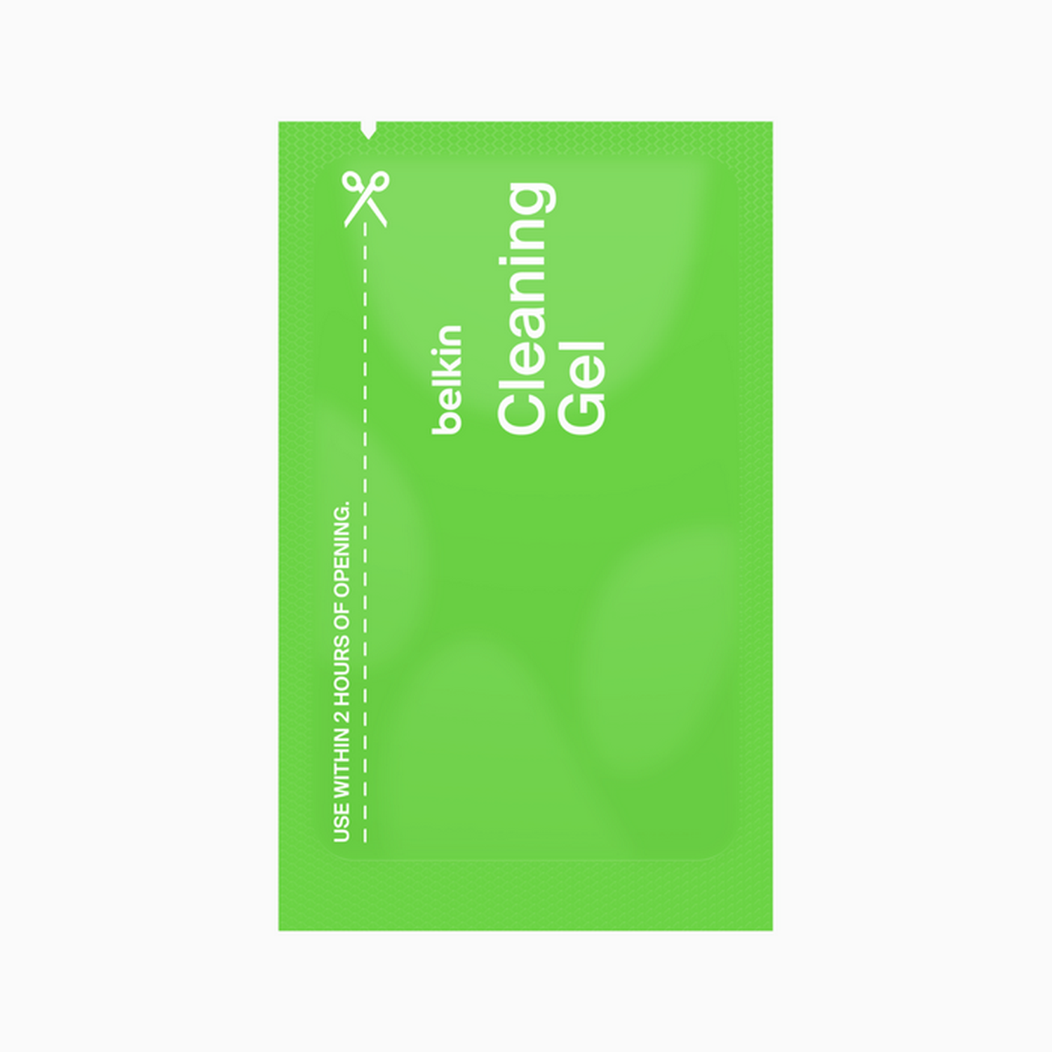 Green belkin cleaning gel packet on a white background.
