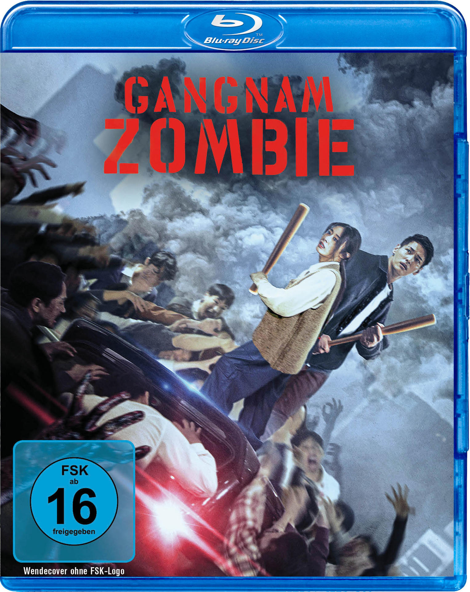 Blu-ray-Disc-Cover für den Film Gangnam Zombie. Zeigt zwei Personen, die Schläger halten, inmitten einer Zombie-Menge.